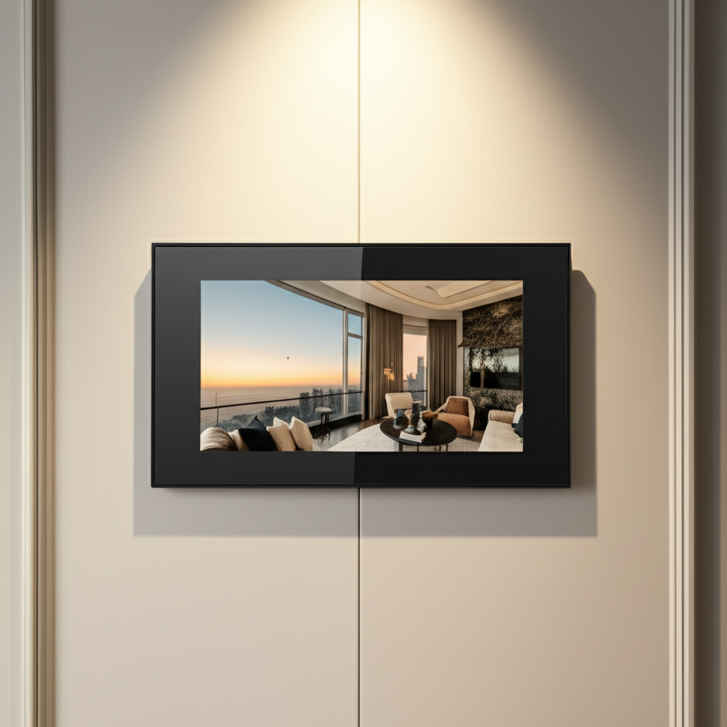 FrothFrame Digital Photo Frame with a sleek black bezel and 16:10 aspect ratio display, mounted on a wall in a luxury apartment