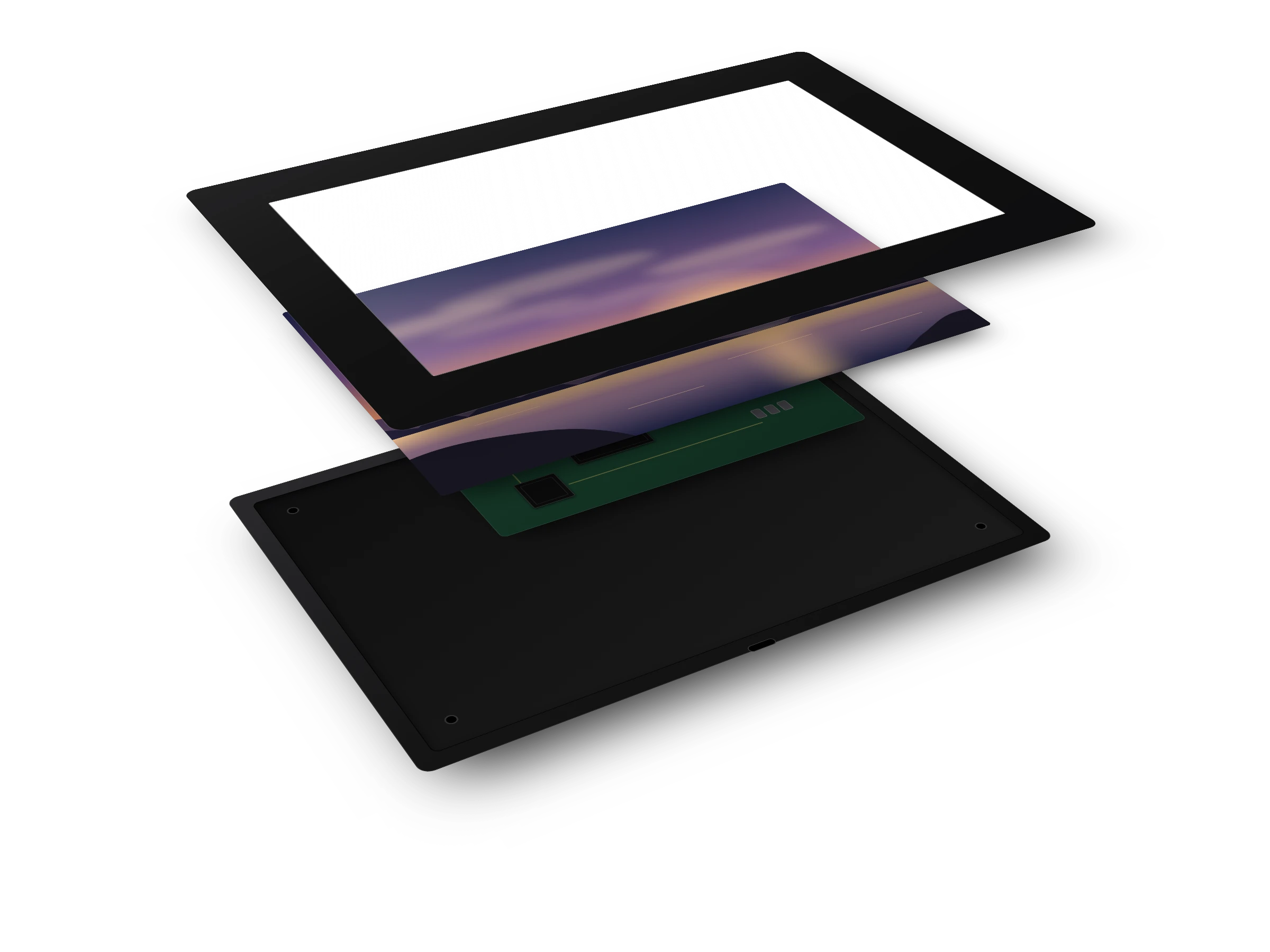Exploded view of FrothFrame showing the glass, display panel, logic board, and aluminum back shell
